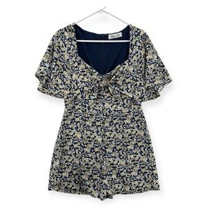 Eden In Love Hawaii Floral Romper Womens Small Navy Tie Front Short Sleeve